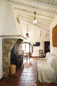 貝瑙卡斯的住宿－Mascotas 1，客厅设有石制壁炉和桌子。