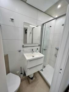 ein weißes Bad mit einem Waschbecken und einer Dusche in der Unterkunft Vakantiehuisje Martina 26 in Vlissingen