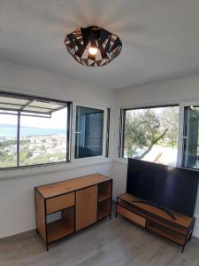 a living room with a flat screen tv and windows at Olive Stone House in Makarska