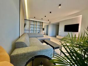 un soggiorno con divano e TV a schermo piatto di Luxury apartment, private parking,7 a Craiova
