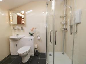 a bathroom with a shower and a toilet and a sink at Topiary Cottage in Staveley +18 photos