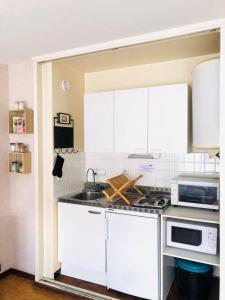 una cocina con armarios blancos y fregadero en Paisible studio avec agréable loggia 2 mn du centre, en Aix-les-Bains