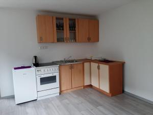 a kitchen with a white refrigerator and wooden cabinets at Apartman Dujmović in Visoko