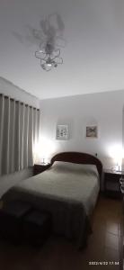 安帕羅的住宿－Casa Rosário Centro de Amparo，一间卧室配有一张床和吊扇