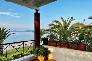 a balcony with a view of the ocean and palm trees at Seafront Maisonette in Pefkohori