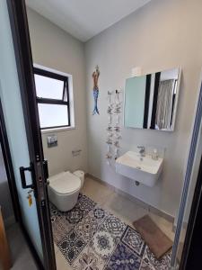 a bathroom with a toilet and a sink and a mirror at BellaMare in Port Elizabeth