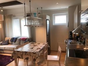 a kitchen and living room with a table and a couch at Castillo Kelotähti Apartment in Saariselka