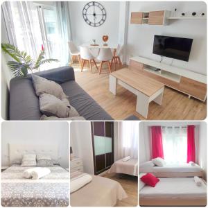 kolaż obrazów salonu z kanapą i stołem w obiekcie EA! Las Arenas Family - Alojamientos La Torre w mieście Torre del Mar
