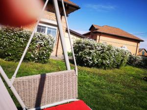 a swing in a yard in front of a house at Заміський будинок Fresh air in Vinyntsi