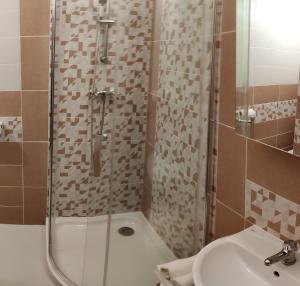 a bathroom with a shower and a sink at Penzion Pacovka in Chýnov +35 photos