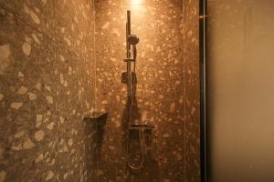 a shower in a bathroom with a stone wall at Hotel The Designers Hongdae in Seoul