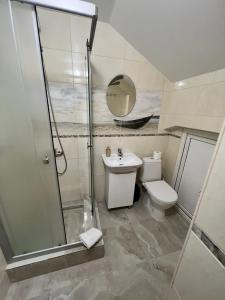 チェルニウツィーにあるLavender Night Apartmentsのバスルーム(シャワー、トイレ、シンク付)