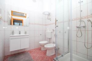 a bathroom with a toilet and a shower and a sink at Lola's Apartments in Tribunj +82 photos
