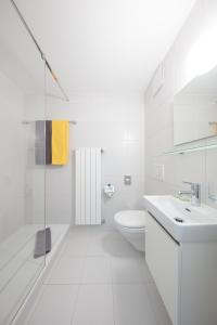 a white bathroom with a sink and a toilet at Le Domaine (Swiss Lodge) in Fribourg