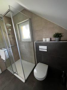 a bathroom with a toilet and a glass shower at Apartment Oddih in Bled