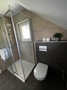 a bathroom with a toilet and a glass shower at Apartment Oddih in Bled +8 photos