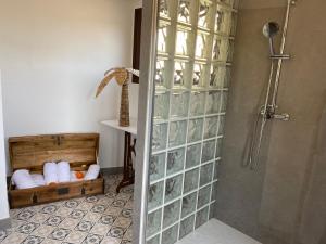 y baño con ducha y pared de cristal. en Casa rural con jardín,a 8km playa y en la naturaleza Taronja&canyella, en Ardenya
