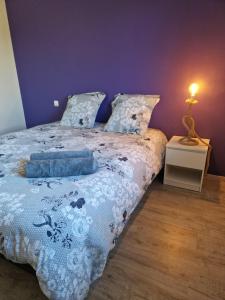 アリクサンにあるGîte des teppesの紫の壁のベッドルーム1室