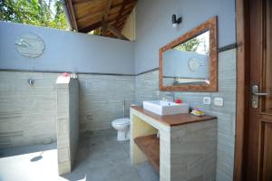 a bathroom with a sink and a toilet and a mirror at Hibiscus House Pemuteran Bali in Pemuteran
