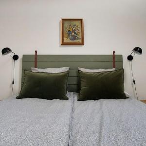 a bedroom with a green bed with two lamps at Lustrup Farmhouse in Ribe