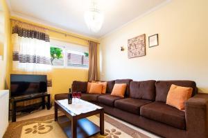 ein Wohnzimmer mit einem braunen Sofa und einem TV in der Unterkunft Franceska's guest house in Artemida