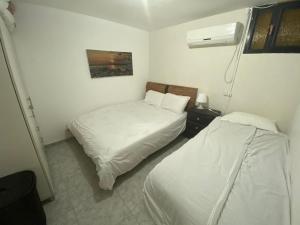 Cette chambre comprend deux lits et un ventilateur. dans l'établissement Adi, à Arad