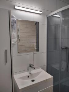 a bathroom with a sink and a shower and a mirror at Domek parterowy apartamentowy Ostoja in Rewal +22 photos