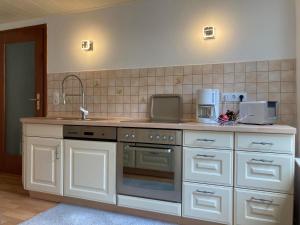 una cocina con fregadero y estufa horno superior en Ferienhaus Rübeland, en Neuwerk