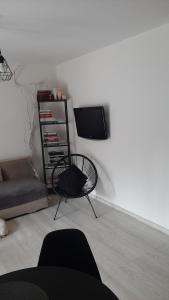 salon z krzesłem i telewizorem na ścianie w obiekcie Apartament Port w Ostródzie