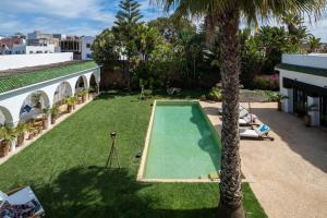 een uitzicht over een tuin met een zwembad en een palmboom bij Maison Marine in Oualidia