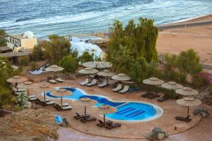 an overhead view of a pool with umbrellas and a beach at The Bedouin Moon in Dahab