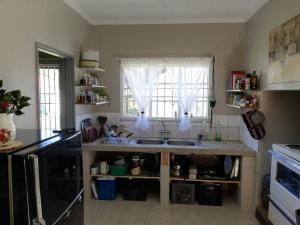 a kitchen with a sink and two windows at Sheeprun Farmstay in Maclear