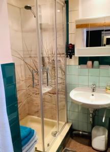 a bathroom with a shower and a sink at schöne ruhige Ferienwohnung in Tambach-Dietharz