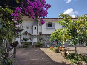une maison avec des fleurs violettes devant elle dans l'établissement Pousada do Mendonça, à Juiz de Fora