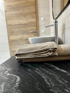 a bathroom with a sink and a towel on the counter at Premium Apartment direkt am Golfpark Klopeiner See in Grabelsdorf +4 photos