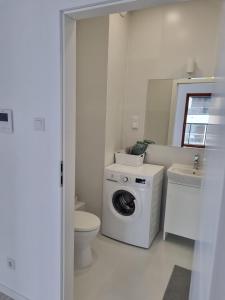 a white bathroom with a washing machine and a sink at Apartament Chrobrego in Gdańsk