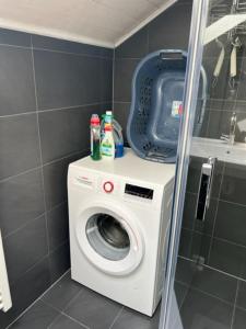 a washer and dryer in a small bathroom at Apartment BERGfamilie - gemütlich ausgestattet, ruhig und familienfreundlich in Schliersee