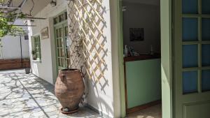 a hallway of a house with a plant in a large pot at Pension Irene in Sougia