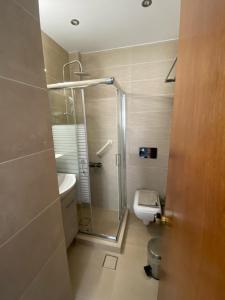 a bathroom with a shower and a toilet at Victoria Studios in Spetses