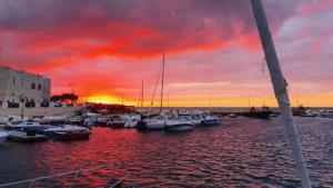 un grupo de barcos atracados en un puerto con una puesta de sol en Natiolum la casa vacanze a Giovinazzo, en Giovinazzo