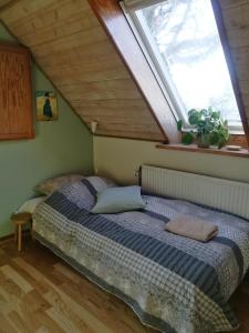 a bed in a room with a window at Green vagon, farm b&b rooms for rent in Hjørring