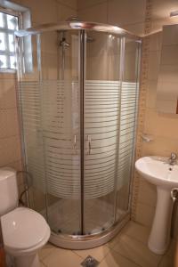 アギオス・ゲオルギオス・パゴンにあるBlue Heaven Apartmentsのシャワー、トイレ、洗面台を備えたバスルーム +11枚の写真