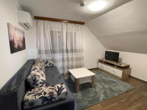 a living room with a couch and a television at Montana Apartmani in Konjic