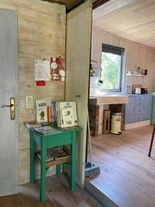 um quarto com uma mesa verde numa cozinha em Cabana do Dinamarquês em Arga de Baixo em Arga de Baixo