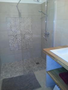 uma casa de banho com um chuveiro e uma porta de vidro em Le Mas des Meras - Gite Côté mas em Lurs