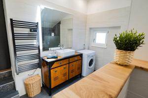 a bathroom with a sink and a washing machine at Gîte de charme refait à neuf, à Rimbach en Alsace. in Rimbach-près-Guebwiller