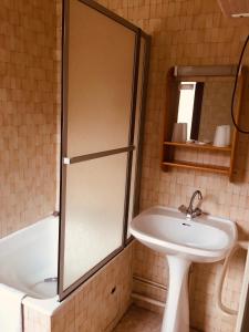 een badkamer met een douche, een wastafel en een bad bij Hotel MAZIN in La Motte-en-Beauges