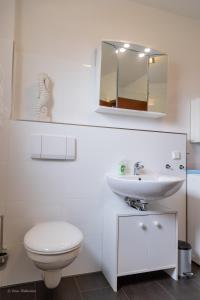 a bathroom with a toilet and a sink and a mirror at Casa Katharina in Wald-Michelbach