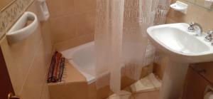 bagno con lavandino, vasca e tenda per la doccia di La casa del Norte a Humahuaca Altre 27 foto