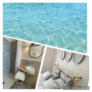 eine Collage mit drei Bildern eines Badezimmers mit Wasser in der Unterkunft SEASIDE Temporary House in Leporano Marina
